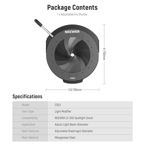 NEEWER Iris Shutter for LS-300 Spotlight Snoot Only, Heat Resistant 5-60mm Adjustable Aperture Leaf Blade Shutter Diaphragm for Studio Continuous Output Lighting LED Video Light Spot Control, CSS3