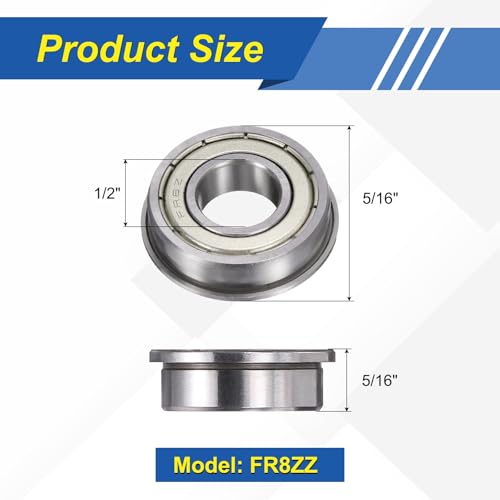 sourcing map 10Pcs FR8ZZ Flanged Ball Bearings, 1/2" x 1-1/8" x 5/16" Double Shielded Chrome Steel Deep Groove Bearing, ABEC5 FR8ZZ 1/2" x 1-1/8" x 5/16" 10