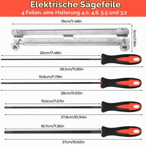 Set of 4 Files for Chainsaw File Set, 3.2 mm, 4.0 mm, 4.8 mm, 5.5 mm Round File Chainsaw Sharpening Files, Round Files for Chainsaw File, Chainsaw Files Set, Metal Saw Chain Files, with 1 Mandrel