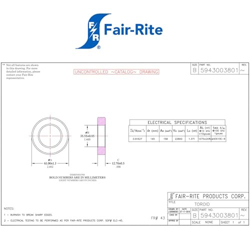 2x FAIR-RITE FT240-43 Ferrite Core Toroid Ring with 35.6 mm Inner Diameter for Sheath Shaft Lock HF Choke EMC Cable Amateur Radio Mix 43 (HF) 2