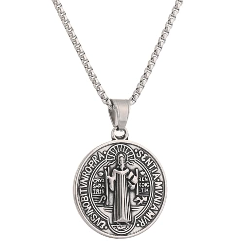 St Benedict Exorcism Medal Necklace - Stainless Steel Christian Catholic Roman Cross Pendant - Patron Saint Amulet Medal Religion Jewelry Silver