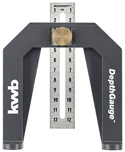 kwb Depth Gauge for Routers and Table Saws, 118 x 128 x 22 mm | Analog setting gauge | 2 measuring scales in cm and inches | Infinitely adjustable | Stainless steel measuring tongue | Incl. locking screw