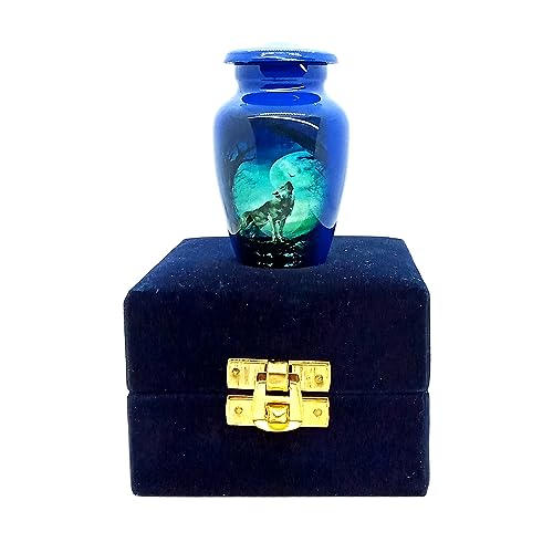 Keepsake Urn - Howling Wolf with Moon Keepsake Cremation Urn for Human Ashes - Blue Metal - 3 cu.in