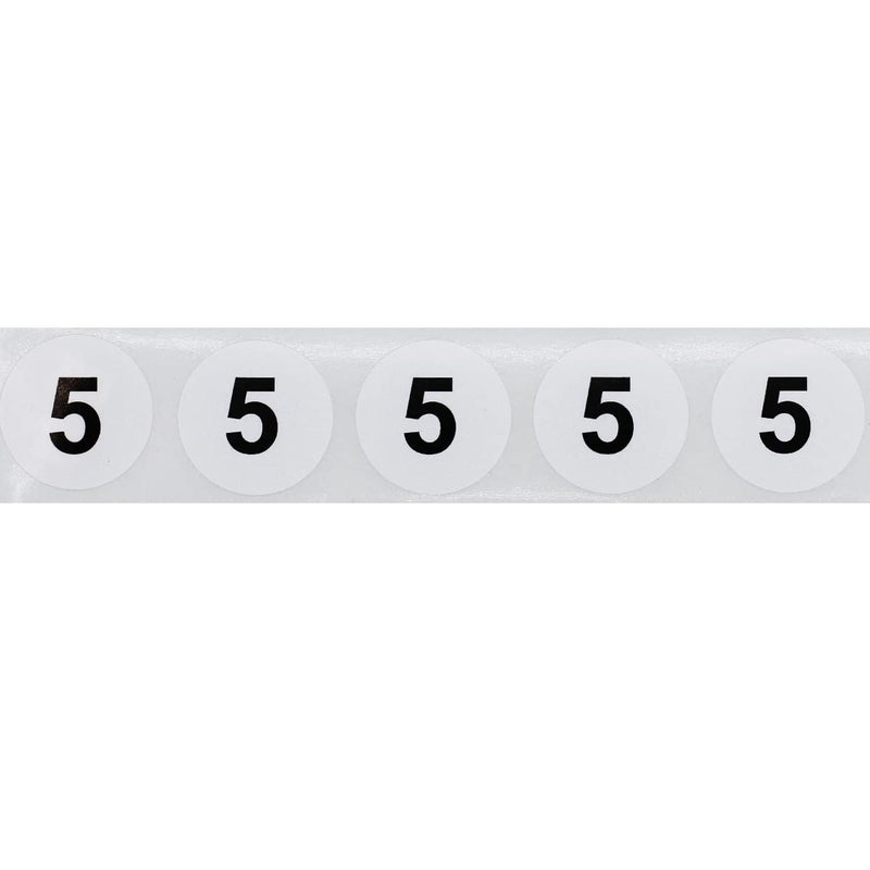 White with Black Number 5 Circle Dot Stickers, 3/4 Inch Round, 500 Labels on a Roll for Organization and Inventory - Semi-Gloss Finish - Made in the USA #5