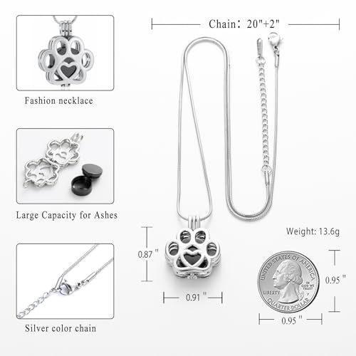 Pet Cremation Jewelry For Ashes For Dog/Cat Paw Stainless Steel Memorial Locket Urn Necklace Inside Mini Case Keepsake Cremation Jewelry Women Men Silver-Black
