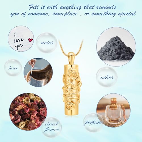 Cylinder Urn Necklace for Ashes Roseflower Cremation Jewelry Urn Ashes Necklace for Women Men Memorial Keepsake Necklace of Loved One Gold