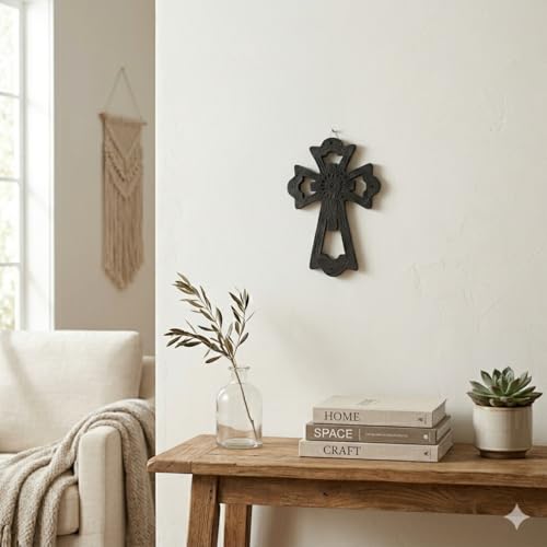 Handmade Mexican Black Clay Wall Cross – Christian Religious Decor – Rustic Artisan Cross from Oaxaca – Spiritual Home Accent – 7 x 10 Inch (Flowers) Flowers