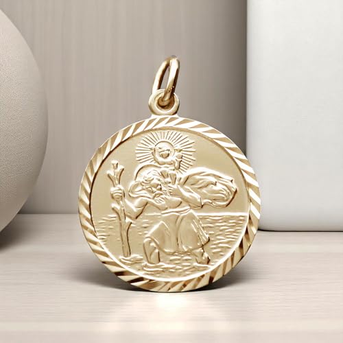 Christopher James of London - Personalised With Your Engraving 9ct Yellow Gold Plated on 0.925 Sterling Silver Round Diamond Cut 19mm St Christopher Pendant In Presentation Gift Box