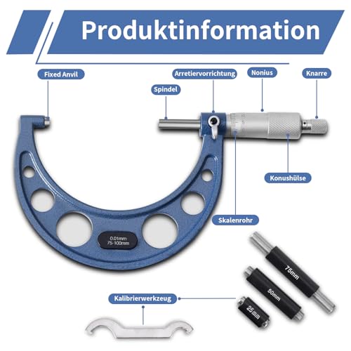 Outside Micrometer 0.01 mm Resolution, Measuring Range 0-25 mm, High Precision Measurement Micrometer Metric Outdoor Brake Caliper with Zero Point Adjustment Wrench Outside micrometer set, 1 piece