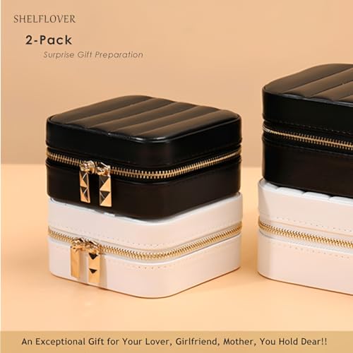 2-Packs Pure White & Black Small Jewelry Box, Easy Carried Travel Jewelry Organizer PU Leather Mini Holder Box, Necklace, Earring, Rings, Bracelets