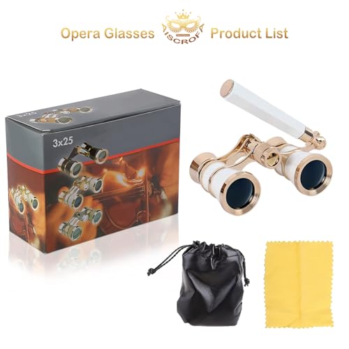 Opera Glasses,3X25 Theater Binoculars with Foldable and Extendable Handle,Mini Binocular Compact Lightweight,Portable Theater Glasses for Adults Kids Women in Musical Concert White with Handle