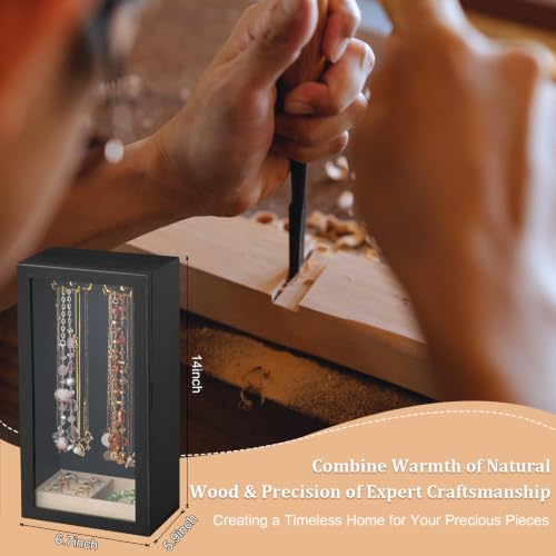 Black wooden jewelry box with rotating hooks for necklace and jewelry organization, featuring a sleek SINGBLA necklace holder organizer.