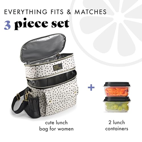 Fit & Fresh Westminster Dual Compartment Insulated Lunch Bag w/Containers Standard Taupe and Black Dot