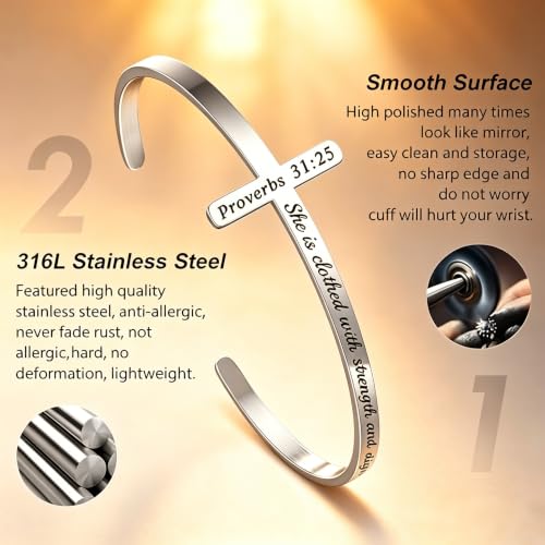 M MOOHAM Silver Cross Bracelet, Christian Gifts for Women "She is clothed with strength and dignity and laughs without fear of the future