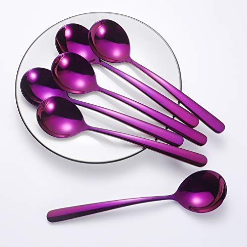 Soup Spoons 6-Pack 18/10 Stainless Steel Large and Heavy Duty Round Spoons Elegance Series 7 Inch Long 1.9 Ounces Weight by IRONX(purple soup spoons)