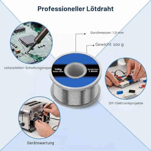 Solder with Flux 1mm 100g, Stable and Precise Welding | Solder wire for circuit boards, electronics repair, DIY, low temperature solder with rosin core for clean, stable soldering