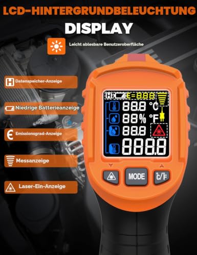 IM06MAX Digital Infrared Thermometer Laser -50°C to 800°C with K-Type Probe, IR Pyrometer Temperature Meter with Dew Point Detection for Industry, HVAC, Cooking & Car Repair