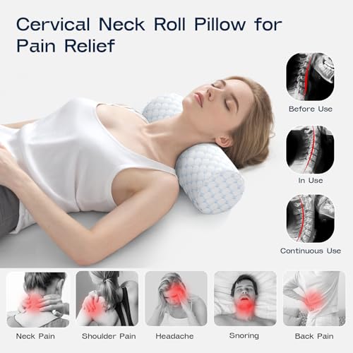 Neck Roll Pillow for Neck Pain Relief - Memory Foam Neck Support Pillow for Bed | Round Neck Pillow for Sleeping, 15.7 * 6 * 6 inch (Cool-Blue) Cool Blue Large - 6.0" H