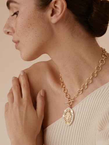 Virgin Mary Necklace Gold with OT Chain, 925 Sterling Silver Miraculous Medal Necklace for Women, Catholic Jewelry Virgin Mary Pendant Mother Mary Necklace Religious Gift Gold-010