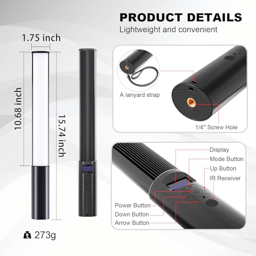 LUXCEO RGB LED Video Light Wand, Handheld Photography Light Stick with Remote Control, Dimmable 2500K-6500K CRI97+ Full-Color LED Light with 2500mAh Built-in Battery, 12 Light Scenes