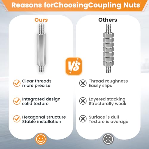 Luyostik M10x1.5 hex coupling nuts, 60mm full-thread 304 stainless steel, 6 pack