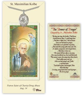 Saint Maximilian Kolbe Medal Pendant Necklace Comes with a 24 Inch Stainless Silver Curb Chain
