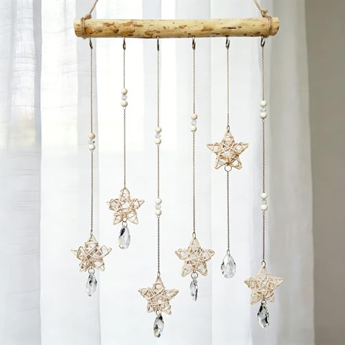 Sun Catcher Indoor Window Rattan Stars and Crystal Suncatcher for Windows Hanging Boho Home Wall Whimsical Decor