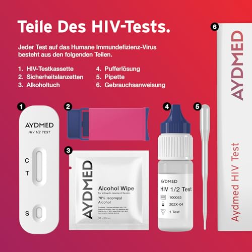 AYDMED HIV Quick Test Kit | HIV Self Test | Human Immunodeficiency Virus Test | Results in 10 Minutes | HIV Test Home Kit for Self Tests for Blood Test for HIV 1/2 | 99.6% Accuracy 1 Packung