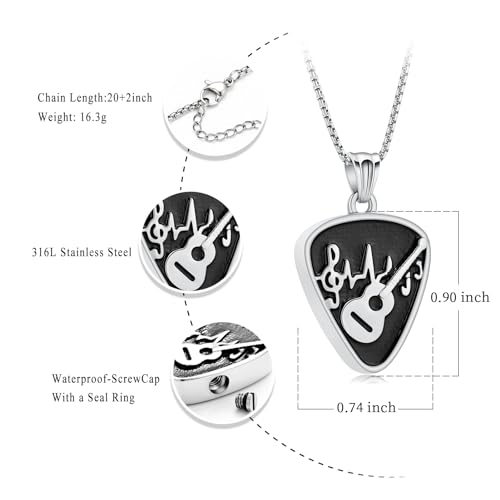 Oinsi Guitar Pick Urn Necklace for Ashes Cremation Jewelry Guitar Pendants Ashes Holder Memorial Necklace Cremation Jewelry for Human with Filling Kits Silver-Black