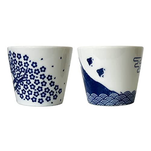 Japanese Sake Cups Set of 2- Sakura and Mt. Fuji Design, Indigo Color Pottery, 3.9 fl oz, For Cold and Hot Drink, Soup Cup Aperitif Tea Cup with Gift Box