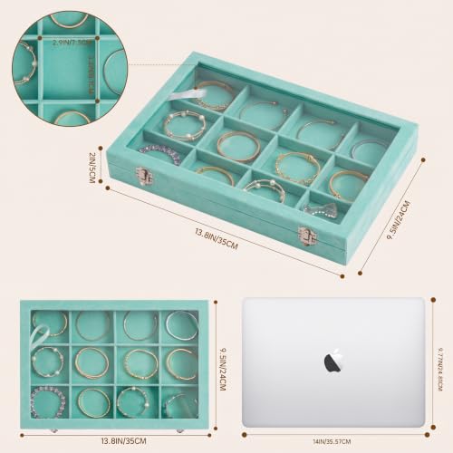 Frebeauty 12 Grid Bracelet Holder Box,Velvet Jewelry Tray with Clear Lid Turquoise