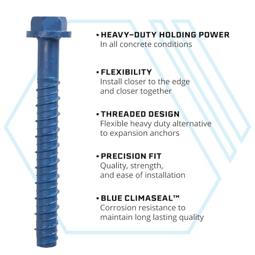 Tapcon+ 1/2 x 4 inch blue Climaseal concrete anchors with hex heads, 10-piece pack for masonry and brick