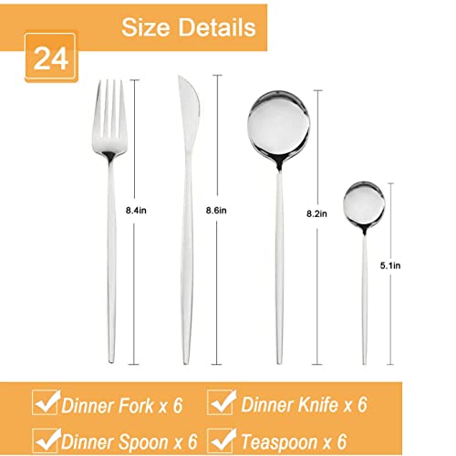 24-Piece Silver Korean Silverware Set, Stainless Steel | Mirror Polished, Service for 6, Includes Forks Spoons Knives, Modern Flatware Cutlery Silver01