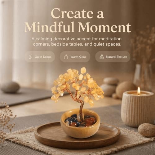 Citrine Crystal Tree of Life, Handmade Mini Crystal Tree with Crackle Ceramic Bowl & Mixed Chakra Stones, 3.93×2.36in Healing Crystal Desk Ornament, Lucky Feng Shui Calming Decor Gift for Home Office Citrine
