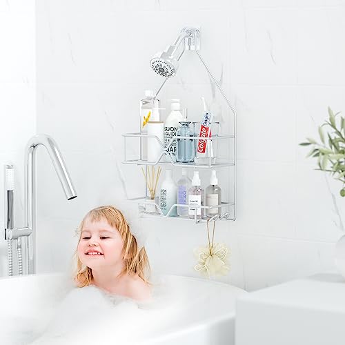 TreeLen rustproof stainless steel hanging shower caddy with two shelves and four hooks, featuring a non-slip silver finish.
