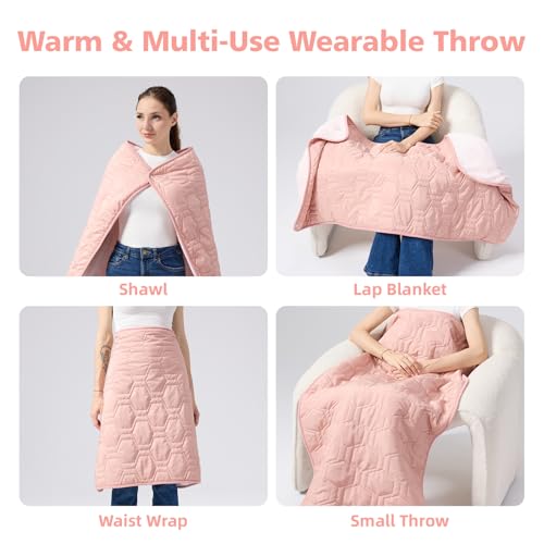 Quilted Fleece Wearable Blanket, Soft Warm Plush Throw for Office & Couch, Dual-Fabric Shawl with Snaps Blush Pink