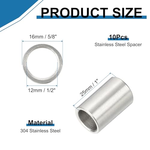 PATIKIL 304 Stainless Steel Spacer, 10 Pcs Round Metal Spacer 1/2" Bore x 5/8" OD x 1" Length Unthreaded Screw Standoff Bushing for 1/2" ID Screws Bolts and Rods 1/2" x 5/8" x 1"
