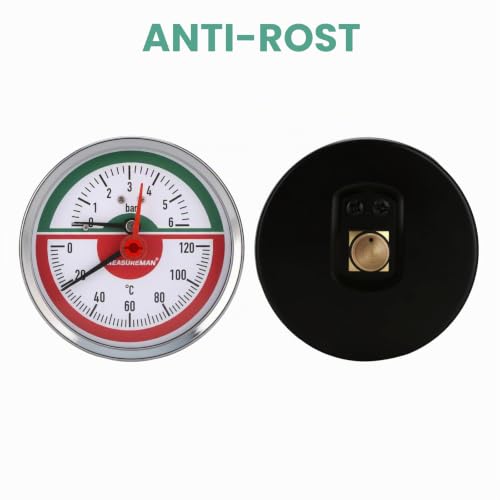 Thermal Pressure Gauge, 80 mm Dial, 0-6 Bar/120°C, Black Steel Case, G1/2 Rear Connection