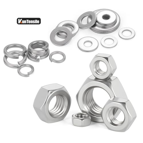 KunTensile SAE hex nuts, spring washers, and flat washers assortment kit, steel gray, #8 to 1/2 inch, 228 pieces