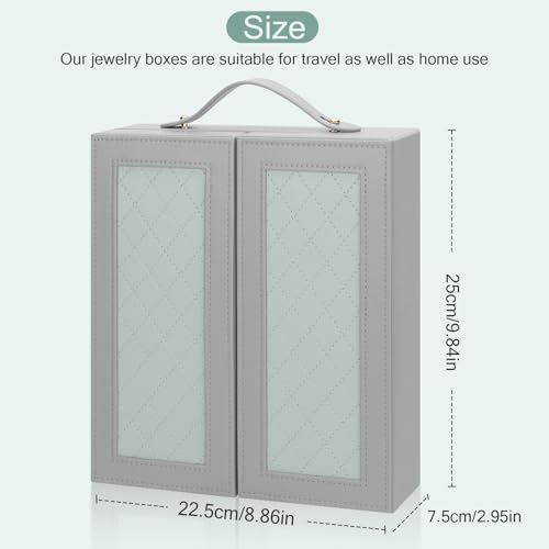 DesignSter Jewelry Box for Women, Jewelry Storage with Mirror, Travel Jewelry Organizer with Handle for Stud Earrings, Rings, Necklaces, Bracelets(Gray & Tea Green) Gray & Tea Green