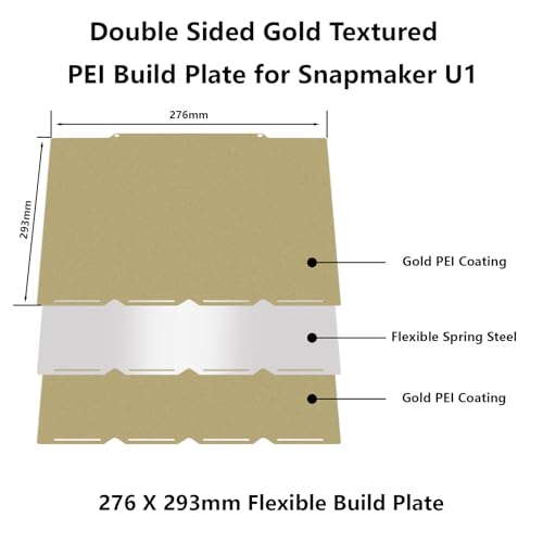 Double-Sided Gold PEI Build Plate for Snapmker U1, Textured PEI Plate Print Bed Platform Spring Steel Flexible Sheet for Snapmker U1, 276 X 293MM