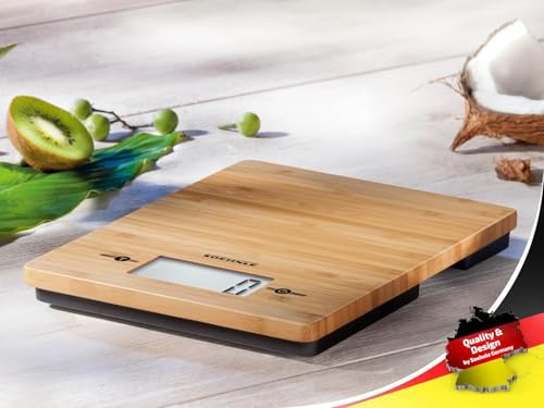 Soehnle Bamboo Kitchen Digital Food Scale, Natural Hygenic Bamboo Easy to Clean, Baking Scale size 20 x 16 cm, Scales for food with Useful Add and Weigh Function, Patented Sensor Touch Technology