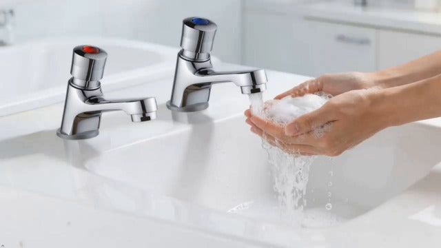 Bathroom Basin Taps Pair, 1/2" Chrome Self Closing Push Button Basin Tap Set, Non-Concussive Time Delay Water Saving Sink Faucets for Home, Hotel, Commercial Public Toilet