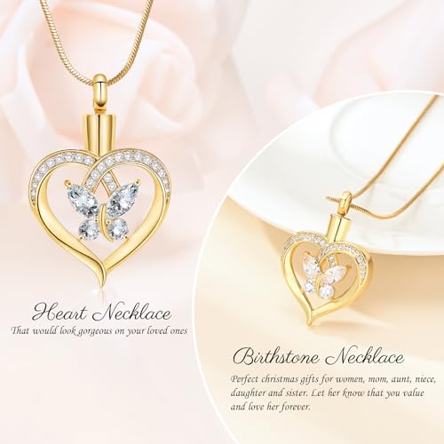 Minicremation Cremation Jewelry Butterfly Heart Urn Necklace for Ashes for Women Urn Pendant Birthstone Locket Crystals Ash Loved One Memorial Keepsake Pendant Gold-White