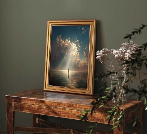 Gold Framed Jesus Canvas Wall Art Jesus Walking on Water Painting Picture Wall Decor Christian Religious Modern Prayer Poster Print Artwork for Prayer Room Living Room Bedroom Home Decoration 16"L x 12"W