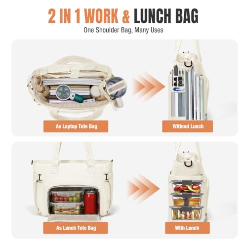 coowoz Lunch Tote Bag for Women,15.6 Inch Work Bag with Lunch Compartment Beige