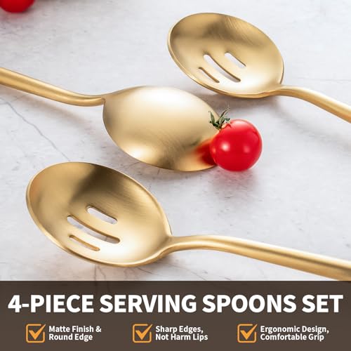 O.C.E. 4 Pcs Serving Spoons Set,Includes 2 Serving Spoons and 2 Slotted Spoon,Large Spoon for Catering Buffet,Matte Gold Utensils,Dishwasher Safe,10.3 Inches Matte Gold