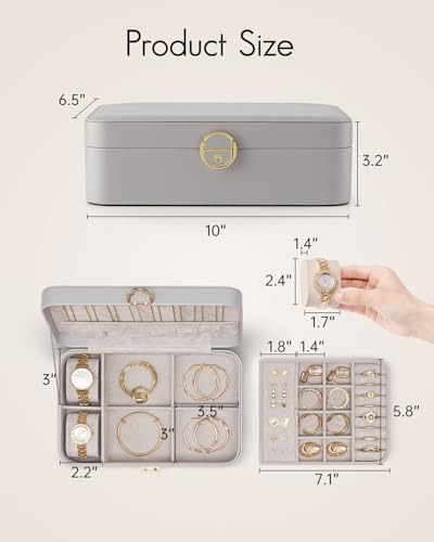 VLANDO 2 Layer Jewelry Box,Jewelry Organizer Storage Lockable Earring Organizer Removable Jewelry Tray with Watch Pillow for Neckable Ring Bracelets-Grey 03.Grey-Pillow