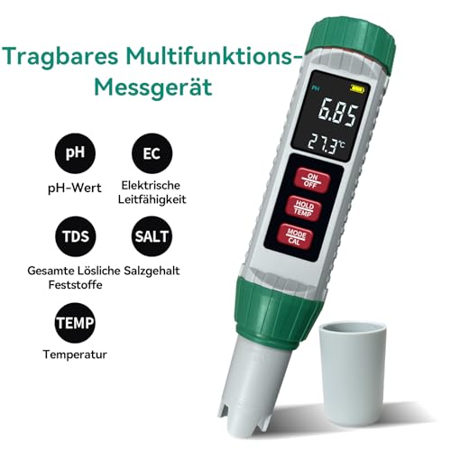 PH Meter, 5 in 1 pH/TDS/EC/Salinity/Thermometer, High Precision Swimming Pool pH Tester with Backlit LED Display and Temperature Compensation for Drinking Water/Pool