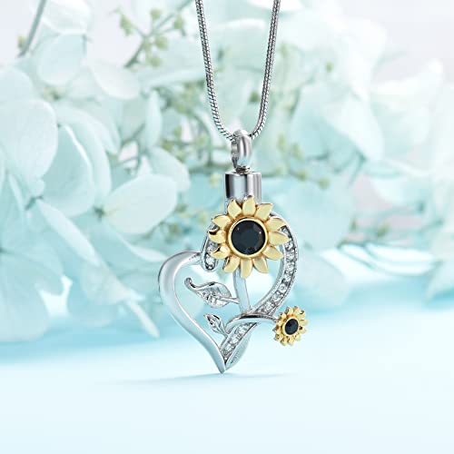 Sunflower Cremation Jewelry Heart Crystals Urn Necklace for Ashes for Women Human Ashes Pendant Pet Keepsake Memorial Jewellery Black